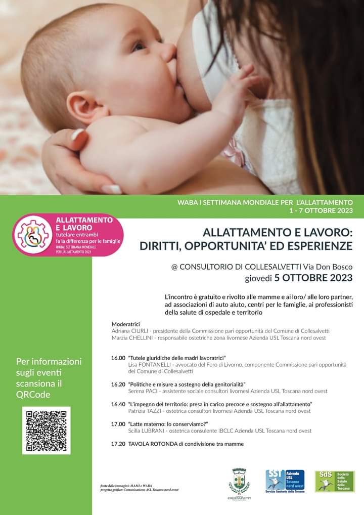 Allattamento e lavoro: diritti, opportunit ed esperienze. Consultorio di Collesalvetti Via Don Bosco giovedi 5 ottobre 2023.